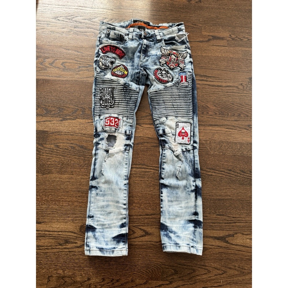Men's 32/30 Copper Rivet Distressed Patch Jeans Acid‎ Wash Motorcycle Skull Ride